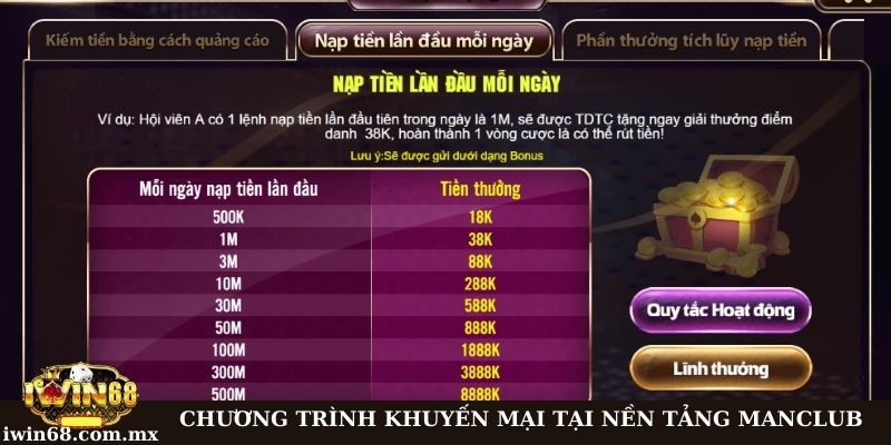 Game Manclub - Cổng game bài đổi thưởng chất lượng hàng đầu 2 Chương trình khuyến mãi hấp dẫn cho lần đầu nạp tiền mỗi ngày